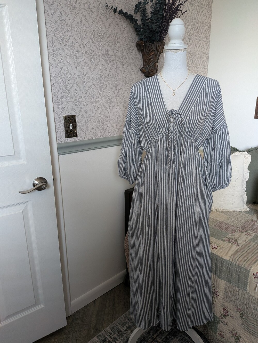 Grade & Gather Neuflora Augusta Blue Stripe 100% Cotton Maxi Dress M ShopDahl